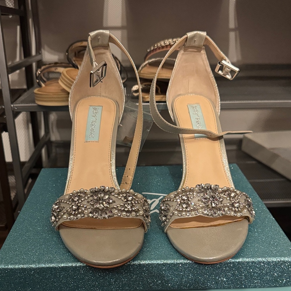 Betsey Johnson Silver Crystal-Embellished Ankle-Strap Heels